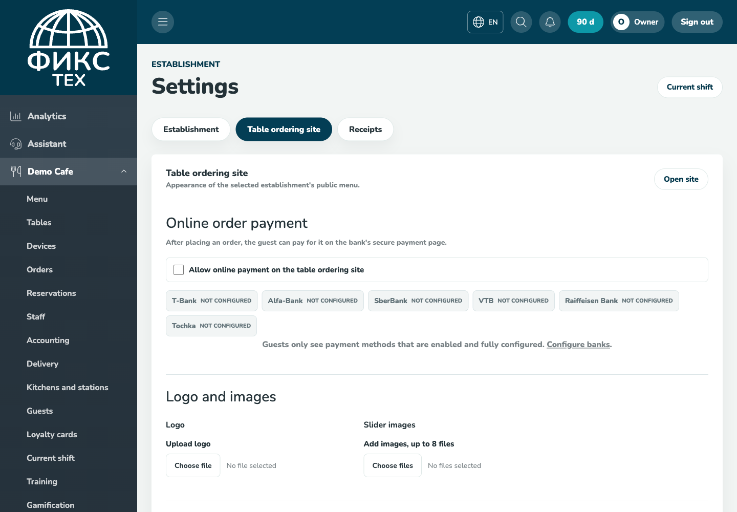 Table ordering site settings