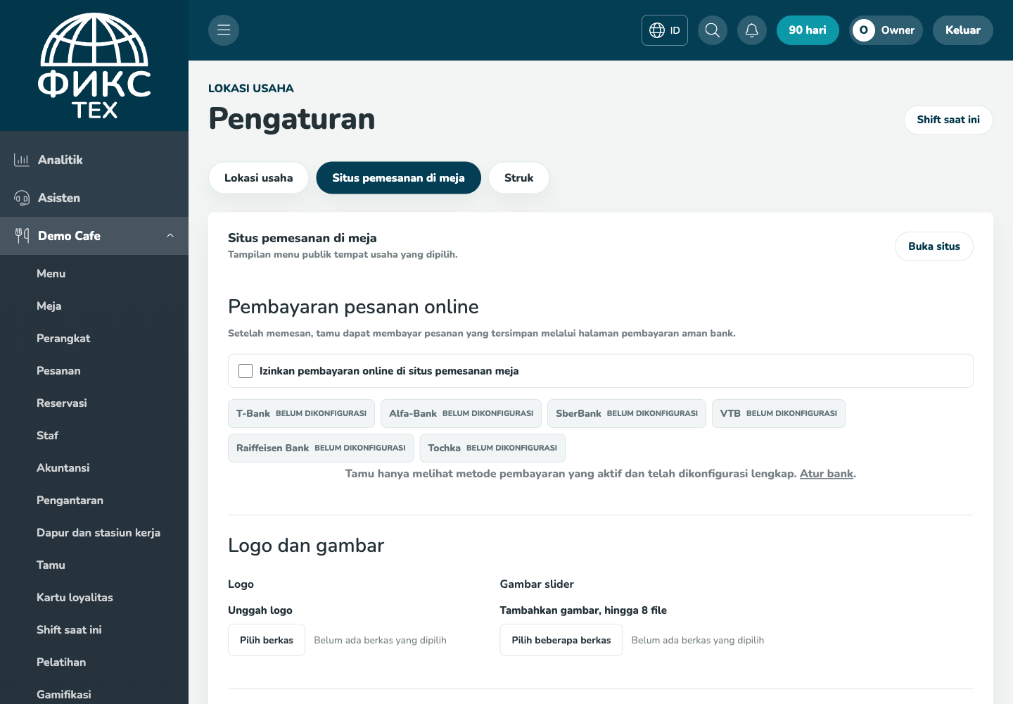Pengaturan situs pemesanan di meja